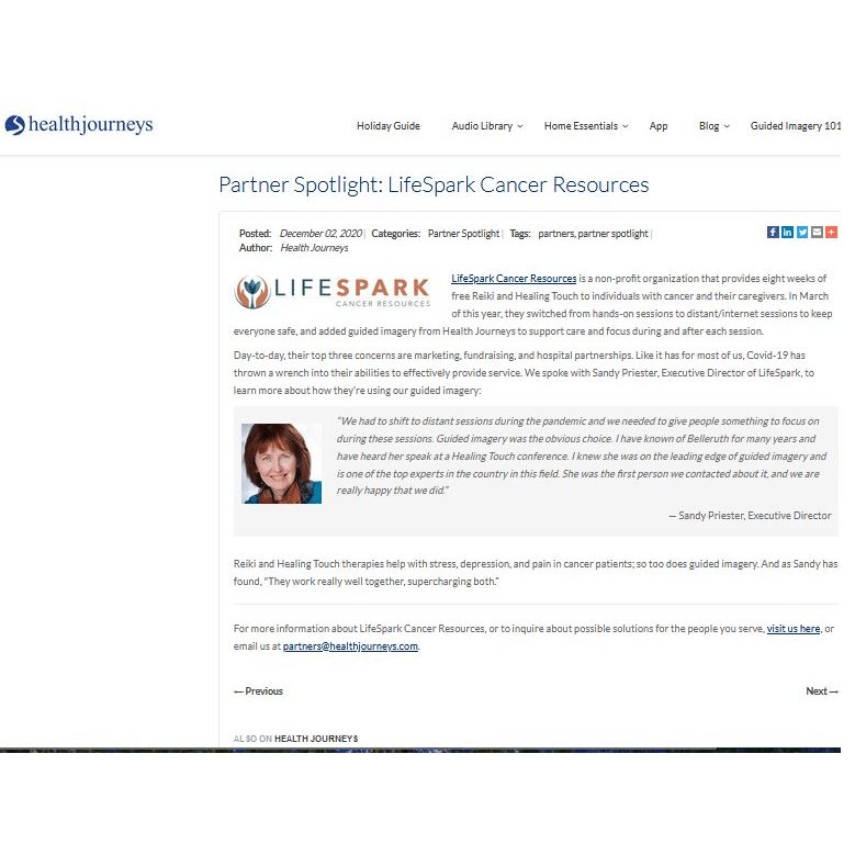 Screenshot of the LifeSpark Cancer Resources feature on Health Journeys website